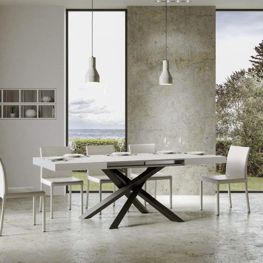 Itamoby, Tavolo allungabile Volantis 130->390 cm, Piano Bianco Frassino e Telaio Antracite L.130 P.90 H.77 (allungabile Fino a L.390 con 5 allunghe)