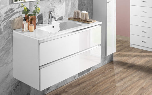 Mobile da bagno "Vichy" finitura bianco lucido composto da: componibile bagno sospeso cm 101x46x189 (base, lavabo, specchio) - colonna sospesa cm. 25x27x160 - sestino a terra cm. 60x45x126