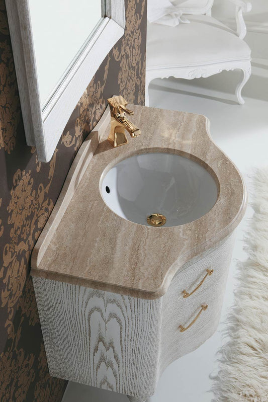 Mobile da bagno classico con cassetti e specchio rettangolare - Misura: 84-36/53x82 cm - Finitura: Finitura Decapè bianco oro - Top in marmo travertino - specchio rettangolare - 100% made in Italy