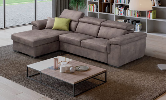 Dafne Italian Design Divano tre posti con letto carrello e chaise longue contenitore in tessuto colore tortora - misure cm. L 283x171 l 102 H 77 - Made in Italy