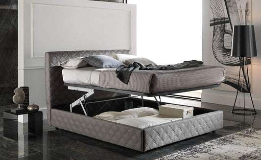 Letto matrimoniale contenitore con testiera e rivestimento in tessuto -Colore: Marrone - Rete: S� - Contenitore: S� - Materasso ed accessori di allestimento non inclusi - dim. cm. 178 x216 x120