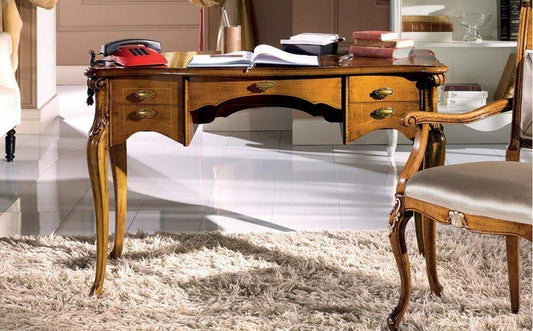 Dafne Italian Design Scrivania classica con sedia abbinata, noce scuro,-cm: 120 cm - 60 cm - H 80 cm; 1 Sedia con braccioli, colore beige - 61x62xH 97 cm - 100% Made in Italy (SF17)