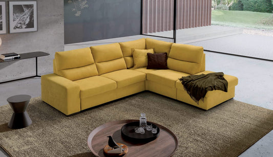 Dafne Italian Design Divano angolare tre posti con letto carrello e poltrona contenitore in tessuto color senape - misure cm. L 259x229 l 95 H 96 - Made in Italy