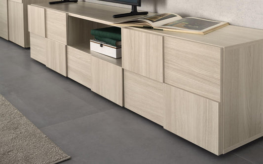 Dafne Italian Design Mobile da soggiorno moderno Dame colore legno chiaro: base tv 187x43x42, pensile vetrina sospeso 78x31x113, mensola a muro 138x191x16, madia 2 ante 78x35x115