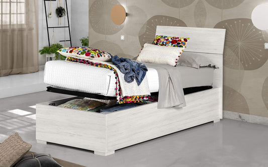 Dafne Italian Design Letto singolo contenitore bianco venato legno, rete ortopedica a doghe in legno cm. 93 x 209 x 100