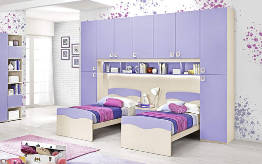 Dafne Italian Design Cameretta Completa a Ponte - Effetto Betulla, Malva (Doppio Letto Singolo e Armadio) (cm. 350 x 58 x 259h)