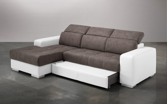 Dafne Italian Design Divano Letto angolare 3 posti con penisola a Sinistra. Similpelle Bianco, Similpelle Effetto Nabuk Elephant (cm. 259 x 178 x 94h)