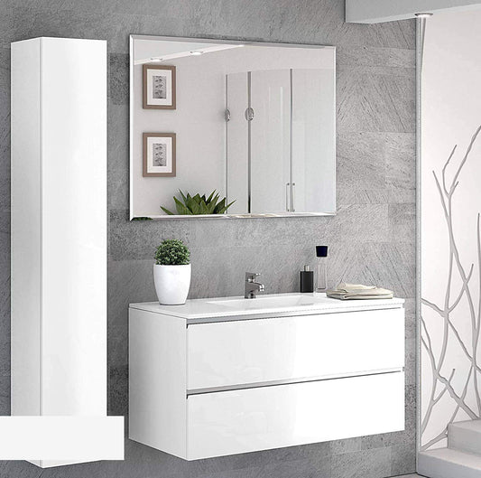 Mobile da bagno sospeso misura cm. 100x46x51 h colore bianco laccato lucido con lavabo integrato e colonna sospesa - 2 cassettoni con maniglia a gola