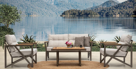 Dafne Italian Design Salotto da giardino per uso professionale, in alluminio antracite, cuscini beige chiaro/corda compresi. n.1 divano 3 posti, n.2 poltrone, n.1 tavolino.
