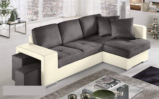 Dafne Italian Design Divano Letto angolare 2 posti con penisola a Destra. Similpelle Crema, Tessuto Antracite (cm. 267 x 158 x 88h)