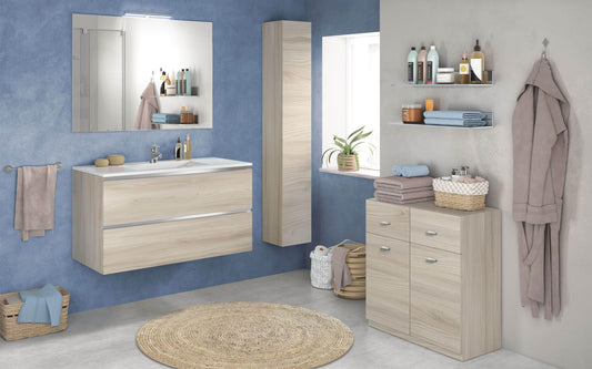 Mobile da bagno "Vichy" colore olmo naturale composto da: componibile bagno sospeso cm 101x46x189 (base, lavabo, specchio) - colonna sospesa cm. 25x27x160 - base mobile a terra cm. 69x34x85