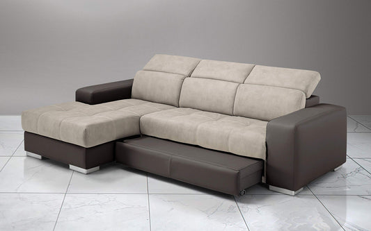 Dafne Italian Design Divano Letto angolare 3 posti con penisola a Sinistra. Similpelle Marrone, Similpelle Effetto Nabuk Beige (cm. 259 x 178 x 94h)