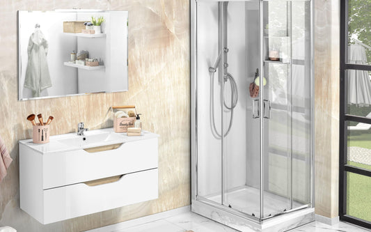 Dafne Italian Design Mobile da bagno componibile sospeso Joy colore bianco lucido e legno quercia cm 101x47x195 (base, lavabo, specchio)