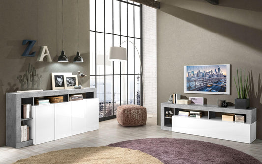 Dafne Italian Design Mobili da soggiorno moderni Amby color bianco lucido e grigio cemento base tv cm. 184x41x58 e madia cm. 184x41x93