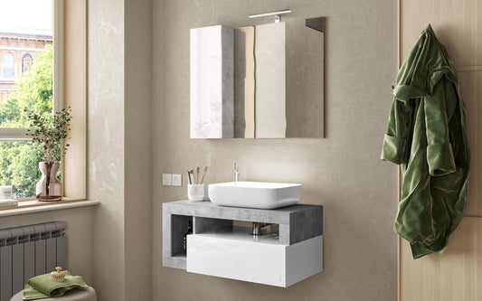 Dafne Italian Design Mobile da bagno sospeso Amby finitura bianco lucido e grigio cemento cm 92x47x83 (base, lavabo, specchio, pensile)