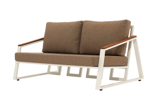 Dafne Italian Design Salotto da giardino per uso professionale, in alluminio bianco, cuscini marroni compresi. n.1 divano 2 posti, n.2 poltrone, n.1 tavolino.