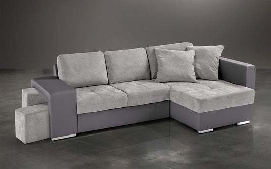 Dafne Italian Design Divano Letto angolare 2 posti con penisola a Destra. Similpelle Grigio, Tessuto Light Grey (cm. 267 x 158 x 89h)