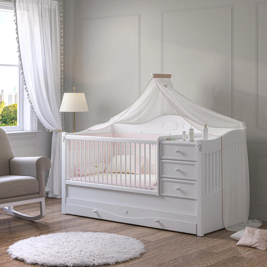 Dafne Italian Design Rustic White Lettino Trasformabile per Bebè(con Letto Genitore) (80x180 Cm)