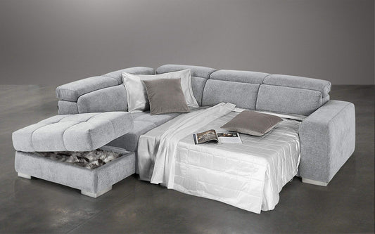 Dafne Italian Design Divano Letto angolare 3 posti con penisola a Sinistra. Tessuto Romeo Light Grey (cm. 266 x 230 x 94h)