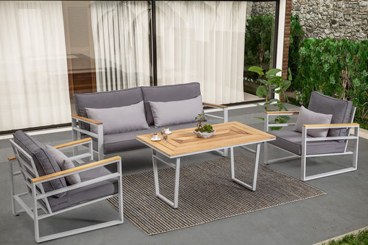 Dafne Italian Design Salotto da giardino per uso professionale, in alluminio grigio chiaro, cuscini grigi compresi. n.1 divano 3 posti, n.2 poltrone, n.1 tavolino.