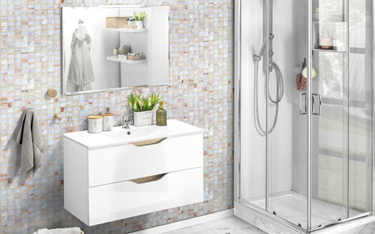 Dafne Italian Design Mobile da bagno componibile sospeso Joy bianco lucido e legno quercia cm 81 x 47 x 195 (base, lavabo, specchio)