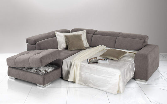 Dafne Italian Design Divano Letto angolare 3 posti con penisola a Sinistra. Tessuto Romeo Nocciola (cm. 266 x 230 x 94h)