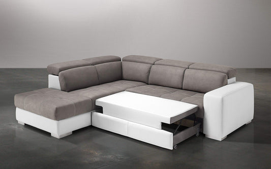 Dafne Italian Design Divano Letto angolare 3 posti con penisola a Destra. Similpelle Bianco, Similpelle Effetto Nabuk Talpa (cm. 266 x 230 x 94h)