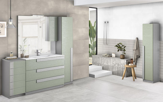 Mobile da bagno "Sandie" grigio chiaro e verde: componibile cm 101x46x189 (base, lavabo, specchio, pensile) - colonna anta sx cm. 35x34x189 - mobile 5 cassetti cm 35x34x85, colonna anta dx 35x34x164