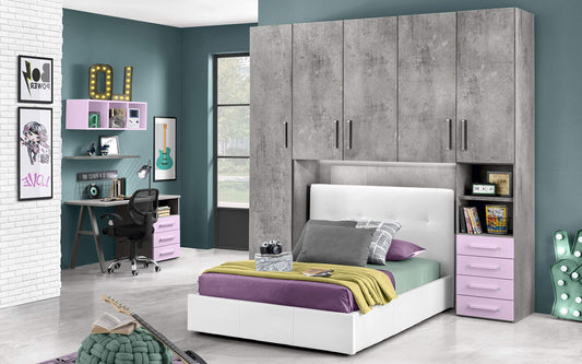Cameretta a Ponte con Letto Bianco Una Piazza e Mezza - Composto da un'anta Lunga, 4 Ante Medie, Piccolo vano a Giorno e cassettiera.cm. 243 x 55 x 245