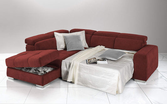 Dafne Italian Design Divano Letto angolare 3 posti con penisola a Sinistra. Tessuto Romeo Rosso (cm. 266 x 230 x 94h)