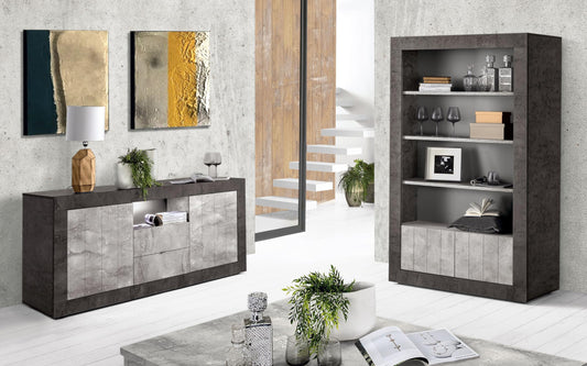 Dafne Italian Design Mobile da soggiorno moderno Urby colore grigio chiaro e grigio scuro: madia due ante cm. 184x42x86; una vetrina a due ante cm. 110x42x189.