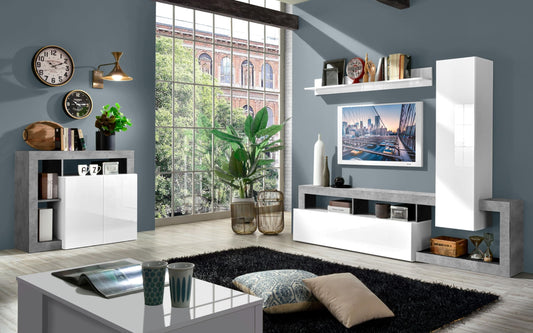Dafne Italian Design Mobile da soggiorno moderno Amby color bianco lucido e grigio cemento cm. 219 x 35 x 205 (base tv, pensile, mensola, madia 2 ante)