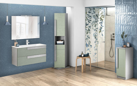 Mobile da bagno sospeso "Sandie" colore grigio chiaro e verde salvia componibile cm 81x46x189 (base, lavabo, specchio) - colonna girevole anta dx cm. 35x34x180 - mobile con anta dx cm 35x34x85