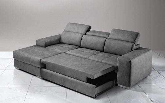 Dafne Italian Design Divano Letto angolare 3 posti con penisola a Sinistra. Similpelle Effetto Nabuk Cenere (cm. 259 x 178 x 94h)