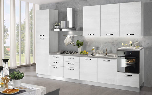 Cucina completa di elettrodomestici (forno, lavandino, cappa cottura) design lineare - effetto bianco larice- Dimensioni: cm. 360 x 60 x 240- forno a destra