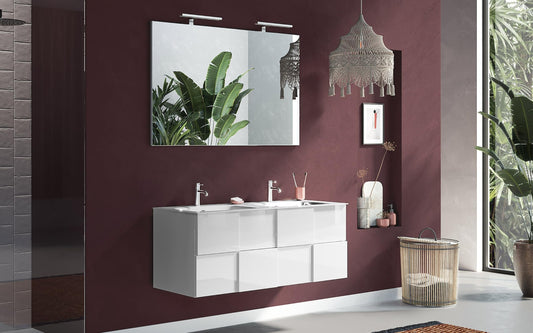 Mobile da bagno componibile sospeso con doppio lavabo "Dame" color bianco lucido cm. 100 x 45 x 85 (base, lavabo, specchio, pensile)