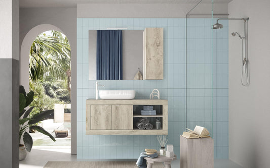 Dafne Italian Design Mobile da bagno componibile sospeso Basy color legno chiaro cm. 110 x 44 x 90 (base, lavabo, specchio, pensile)