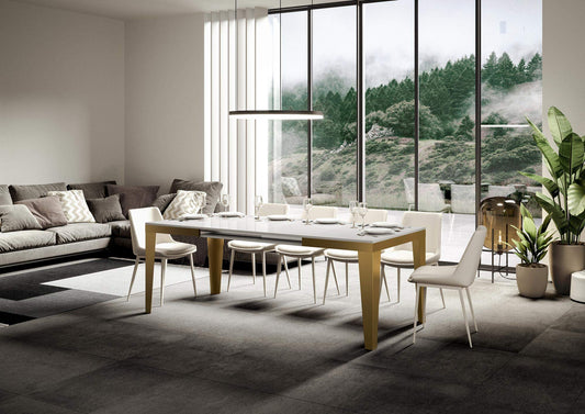 Dafne Italian Design Tavolo Flame Evolution piano Bianco Frassino 90x160 allungato 264 telaio oro