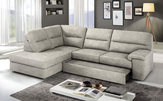 Dafne Italian Design Divano Letto angolare 3 posti con penisola a Sinistra. Similpelle Effetto Nabuk Light Grey (cm. 252 x 196 x 96h)
