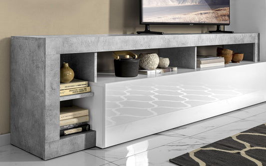 Dafne Italian Design Mobile da soggiorno moderno Amby color bianco lucido e grigio cemento cm. 290 x 42 x 205 (base tv, pensile, libreria, madie, mensola)