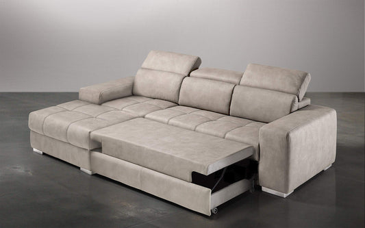 Dafne Italian Design Divano Letto angolare 3 posti con penisola a Sinistra. Similpelle Effetto Nabuk Beige (cm. 259 x 178 x 94h)