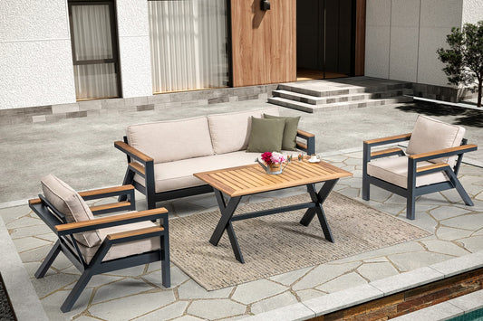Dafne Italian Design Salotto da giardino per uso professionale, in alluminio antracite, cuscini beige chiaro compresi. n.1 divano 3 posti, n.2 poltrone, n.1 tavolino.