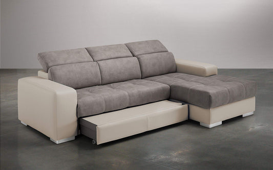 Dafne Italian Design Divano Letto angolare 3 posti con penisola a Destra. Similpelle Sabbia, Similpelle Effetto Nabuk Talpa (cm. 259 x 178 x 94h)