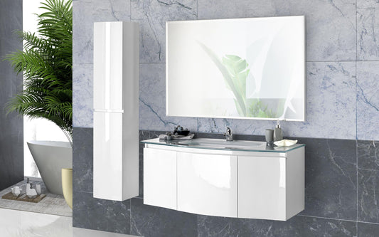 Dafne Italian Design Mobile da bagno componibile sospeso Elegance bianco laccato lucido cm. 121 x 51 x 189 (base, lavabo, specchio), colonna sospesa