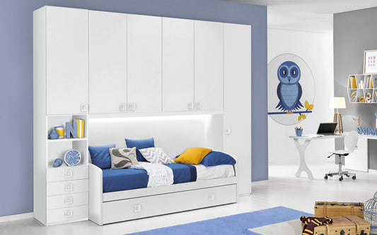 Dafne Italian Design Cameretta Completa a Ponte - Bianco (Doppio Letto Singolo e Armadio) (cm. 300 x 96 x 259h)