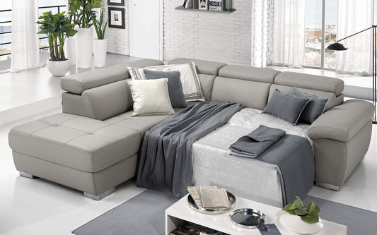 Dafne Italian Design Divano Letto angolare 3 posti con penisola a Sinistra. Similpelle Light Grey (cm. 285 x 245 x 97h)