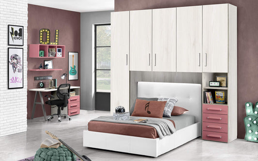 Cameretta a Ponte con Letto Bianco Una Piazza e Mezza - Composto da un'anta Lunga, 4 Ante Medie, Piccolo vano a Giorno e cassettiera.cm. 243 x 55 x 245