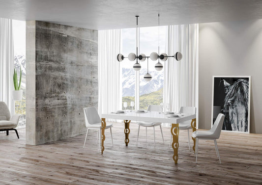 Dafne Italian Design Tavolo Karamay allungabile piano Bianco Frassino 90x130 allungato 390 telaio oro