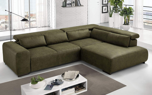 Dafne Italian Design Divano angolare 3 posti con penisola a Destra. Tessuto Fuego Olive (cm. 309 x 225 x 70h)