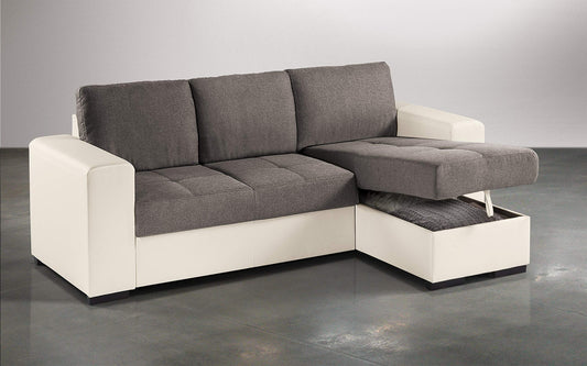 Divano letto angolare 2 posti - Similpelle crema, tessuto marrone - penisola destra - (cm. 229 x 148 x 88h)